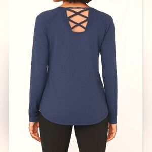 Apana Long Sleeve Lattice Back Straps Heathered Blue Tee Shirt Medium